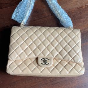 CHANEL Lambskin Quilted Double Flap Maxi Beige